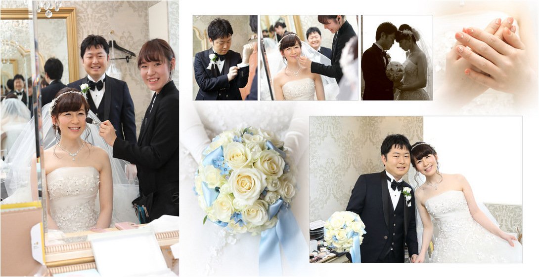 
式場は横浜駅からほど近い横浜 アートグレイス・ポートサイドヴィラ。2頁目：結婚式アルバム