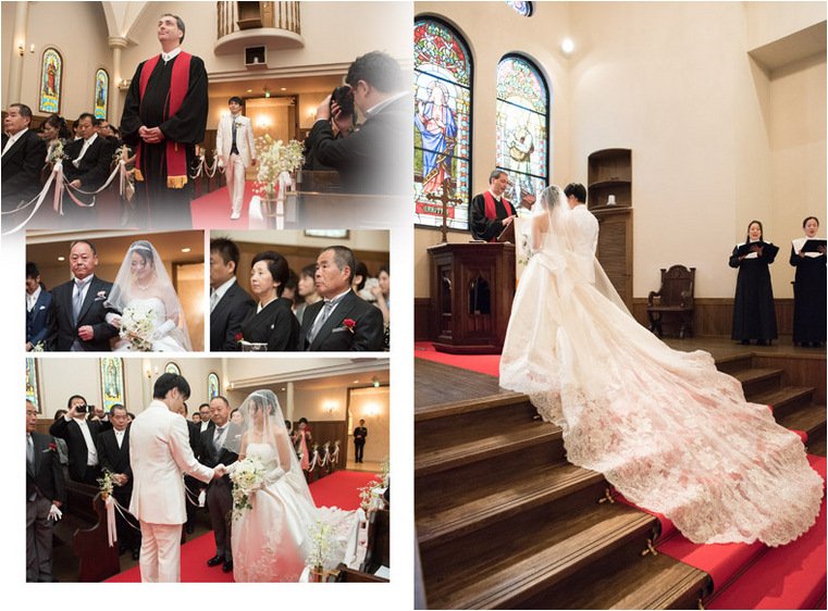 
祭壇での祈りのシーンではウェディングドレスのロングトレーンの美しい広がりが映えています。3頁目：結婚式アルバム