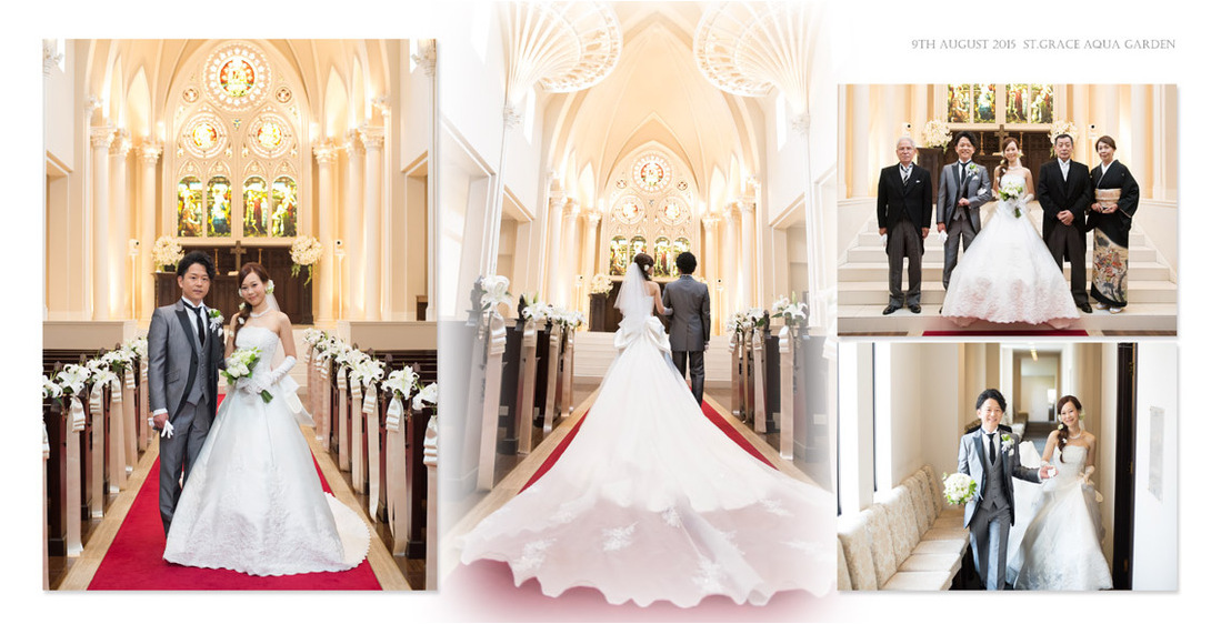 正面のステンドグラスもさることながら、天井にしつらえられた花嫁のベールをモチーフにしたという装飾が圧倒的なスケールを誇る美しいチャペルです。2頁目：結婚式アルバム