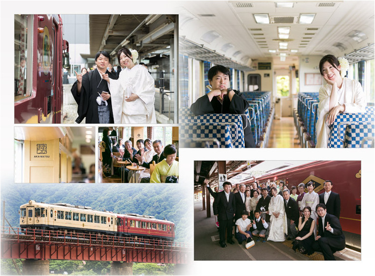 移動にはなんと京都丹後鉄道のあかまつ号を貸し切り、ゲストと一緒に日本三景の一つである天橋立の景色を楽しみながら会場へ向かいます。3頁目：結婚式アルバム