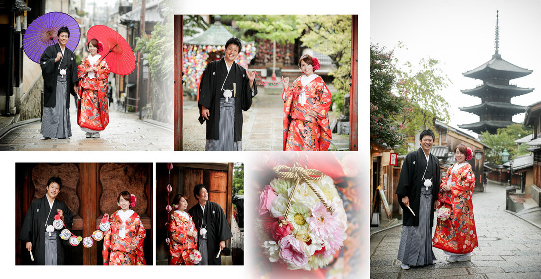 京都の町並みを背に赤い色打掛と黒の紋付袴が映えます。2頁目：結婚式アルバム