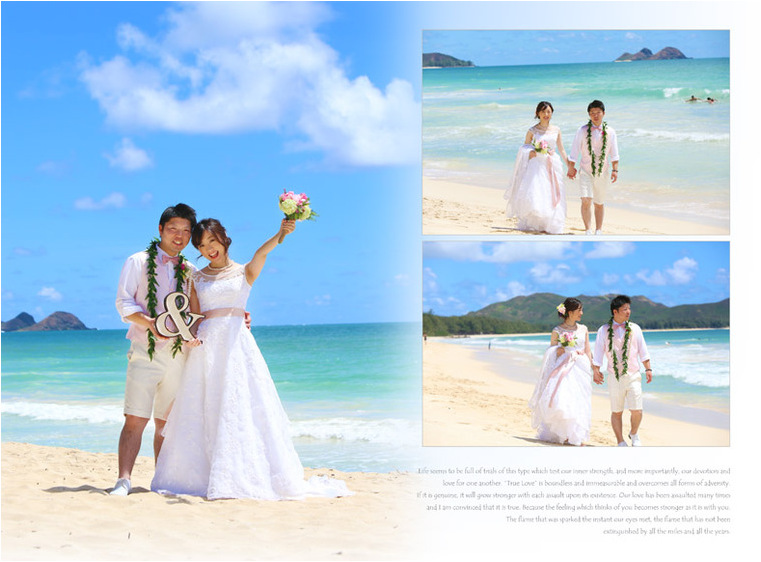 広角レンズで撮影したビーチでのツーショットはスケール感たっぷり！見開き1ページを使ってワイドにデザインしました。6頁目：結婚式アルバム