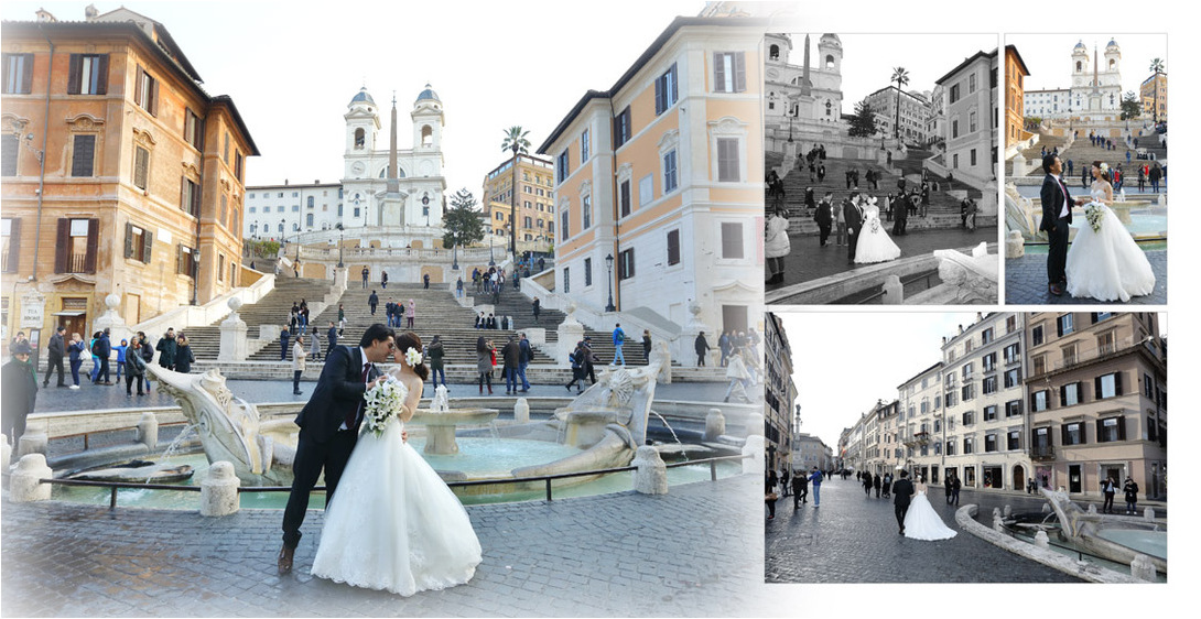 ご家族に見守られて挙式を終えたあとは、コロッセオ前で撮影を楽しみ、真実の口の前では観光客と一緒の微笑ましい一枚も。4頁目：結婚式アルバム