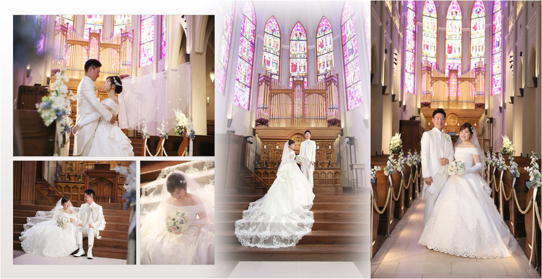 
挙式は、長いバージンロードとステンドグラスが印象的な大聖堂にて。4頁目：結婚式アルバム