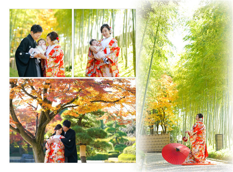日本庭園に赤い色が映える色打掛の撮影。2頁目：結婚式アルバム