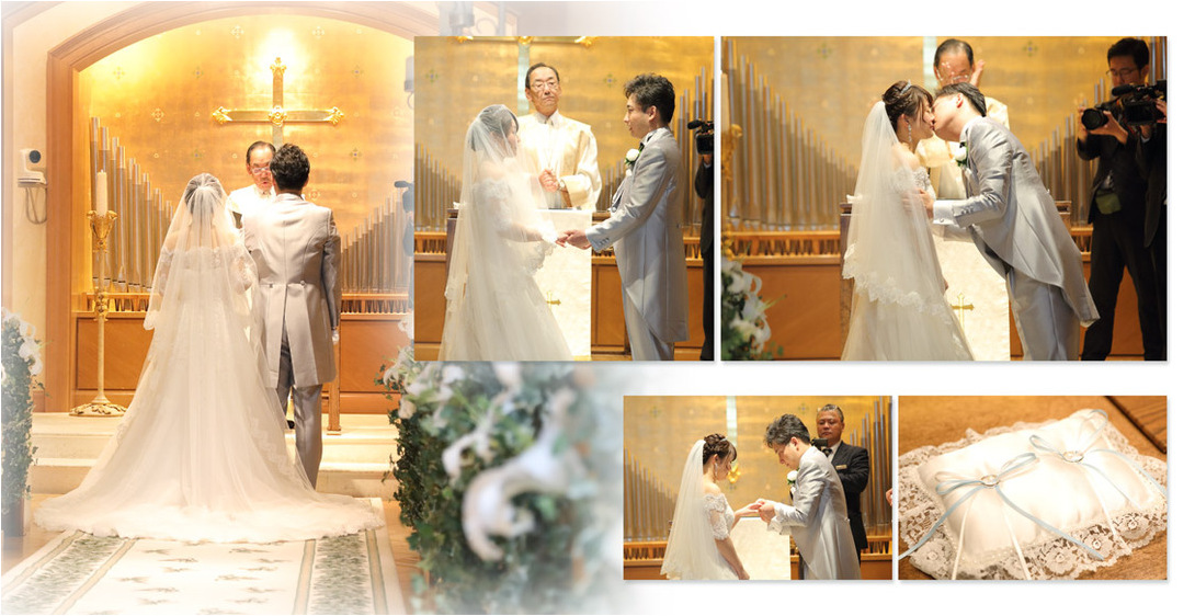 挙式後は大階段から登場し、ゲストの温かい拍手で祝福を受けました。4頁目：結婚式アルバム