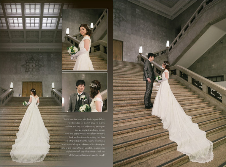 
大階段の写真は背景に大きく使ったり、逆にトリミングしたりして写真にメリハリをつけることで、遠近感をもたせ、会場のスケール感を表現しました。4頁目：結婚式アルバム