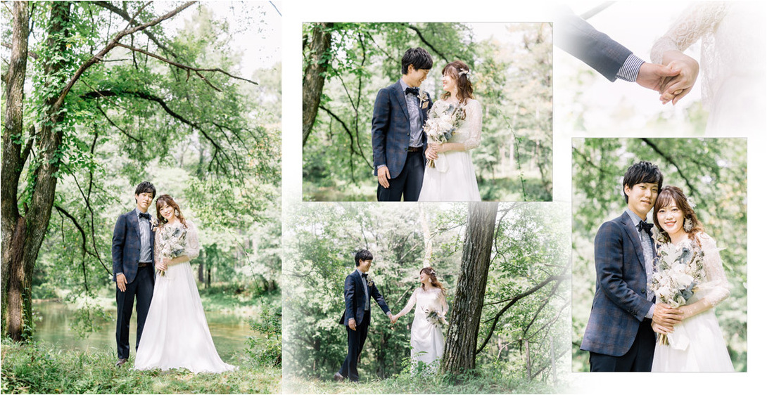 豊かな緑に囲まれた高原でご家族も撮影に参加されました。2頁目：結婚式アルバム