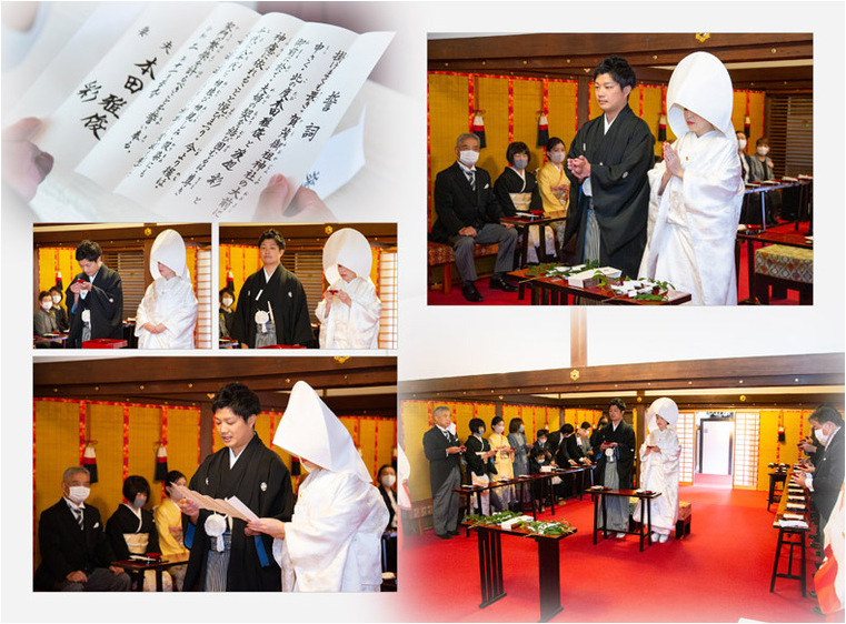 
神前式は、鮮やかな朱色の中門が目を引く京都下鴨神社にて。3頁目：結婚式アルバム