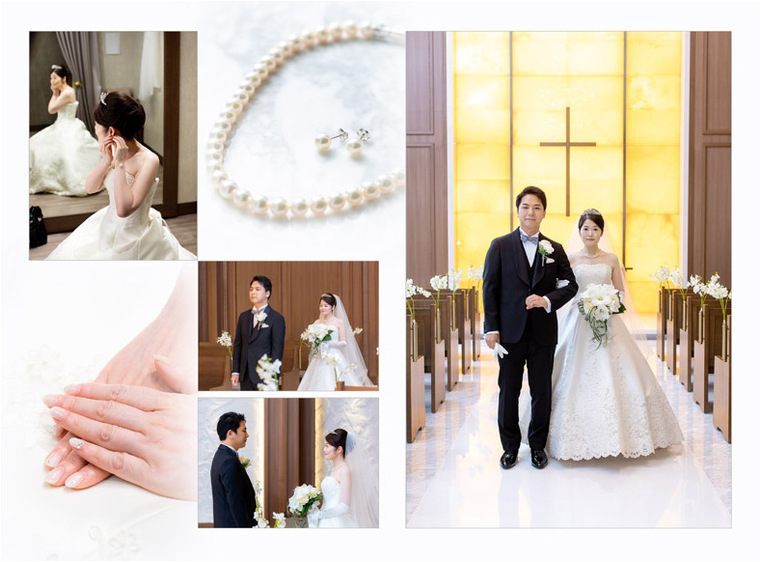 式場はThe Okura Tokyo、お支度を終えたお二人のファーストミートから始まります。2頁目：結婚式アルバム