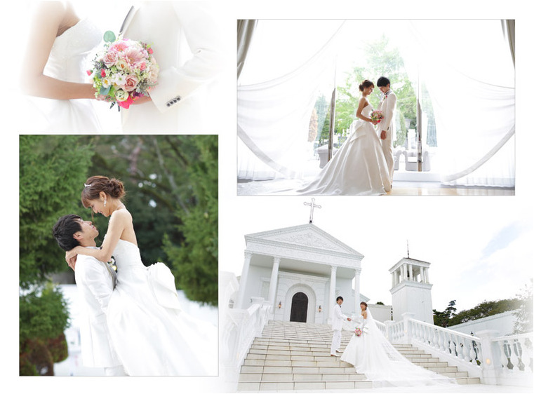 ロングベールが美しいウエディングドレス、チャペルの階段にトレーンが広がりロマンチックな一枚になっています。3頁目：結婚式アルバム