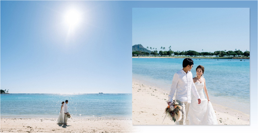 新婦からのバックハグが絵になるこちらは、ハワイでの前撮りのアルバムです。2頁目：結婚式アルバム
