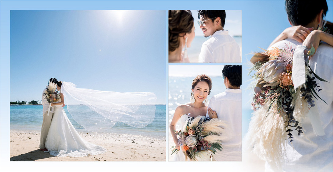 眩しい太陽の光と晴天のビーチフォトは大きくお写真を配置してダイナミックに。3頁目：結婚式アルバム