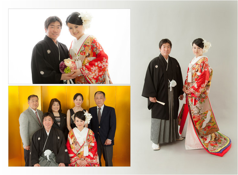 前撮りは和装・洋装とも二種類の衣装を着ての撮影です。2頁目：結婚式アルバム