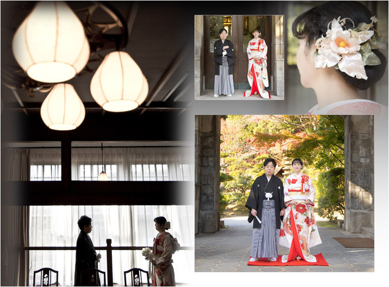 鳳凰が透かし彫りされた欄間や、アールデコ調のステンドグラスが美しい階段、日本庭園での撮影を楽しまれました。3頁目：結婚式アルバム