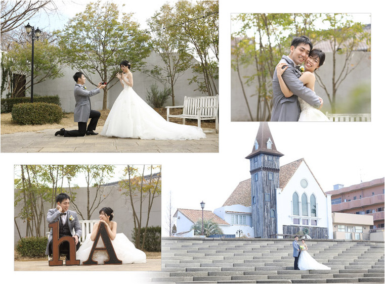 ガーランドや紙風船を上手に使い、楽しげな写真が並びます。5頁目：結婚式アルバム