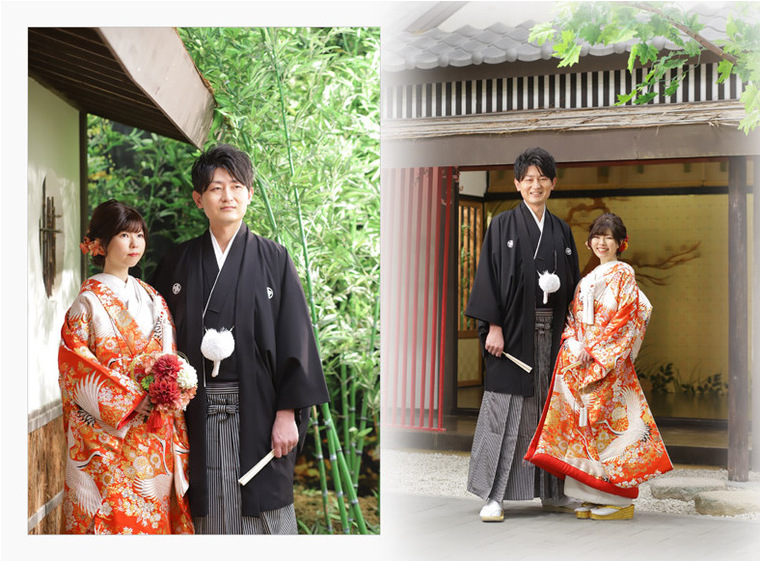黒の紋付袴と朱色の鶴が舞う色打掛での和装は日本庭園風の背景や金屏風がぴったりお似合いです。2頁目：結婚式アルバム