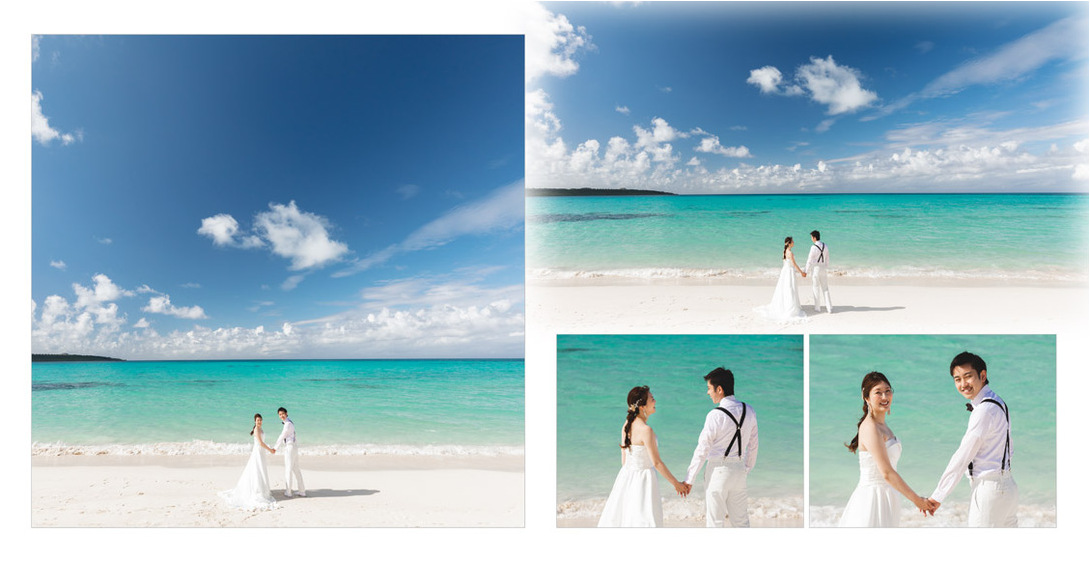 木陰から覗いた先には白い砂浜と美しい海が広がります。3頁目：結婚式アルバム