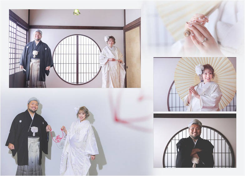 ウェディングドレスでの撮影は大阪市にあるザ・ジョージアンテラス。3頁目：結婚式アルバム