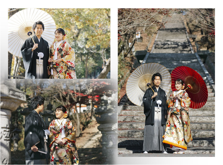 和装は神社内の紅葉が美しい庭園で撮影を楽しまれました。2頁目：結婚式アルバム