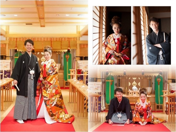 前撮りの前半は黒の紋付袴と鮮やかな吉祥文様の描かれた色打掛で。2頁目：結婚式アルバム