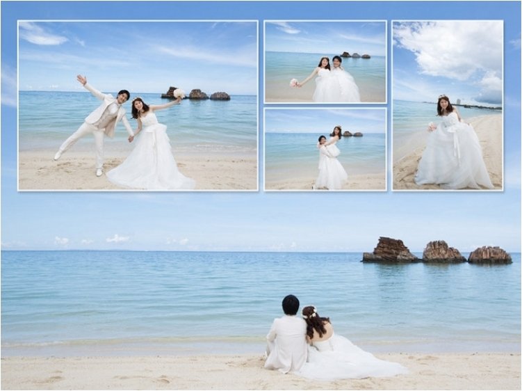 
新婚旅行も３ページに渡り作成し、沖縄で過ごされた日々を何度も見返すことができるアルバムになりました。7頁目：結婚式アルバム