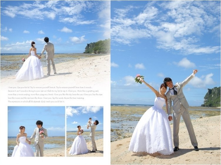 表紙はビーチで爽やかにポーズをとるお二人、裏表紙は磨き抜かれた大理石のバージンロードに映るシルエットがロマンチックなお写真を選ばれました。8頁目：結婚式アルバム