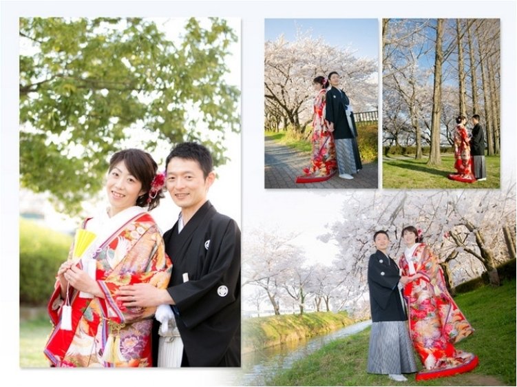 
満開の桜のもとでのお写真も大変美しいです。7頁目：結婚式アルバム