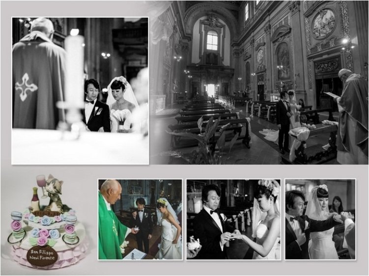 挙式後、シャンパンで乾杯をした後は馬車に乗ってフィレンツェの観光名所巡りです。4頁目：結婚式アルバム