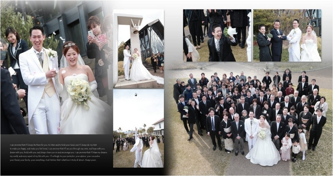 
披露宴のお写真はお二人の明るい人柄を感じる楽しげな写真で溢れています。6頁目：結婚式アルバム