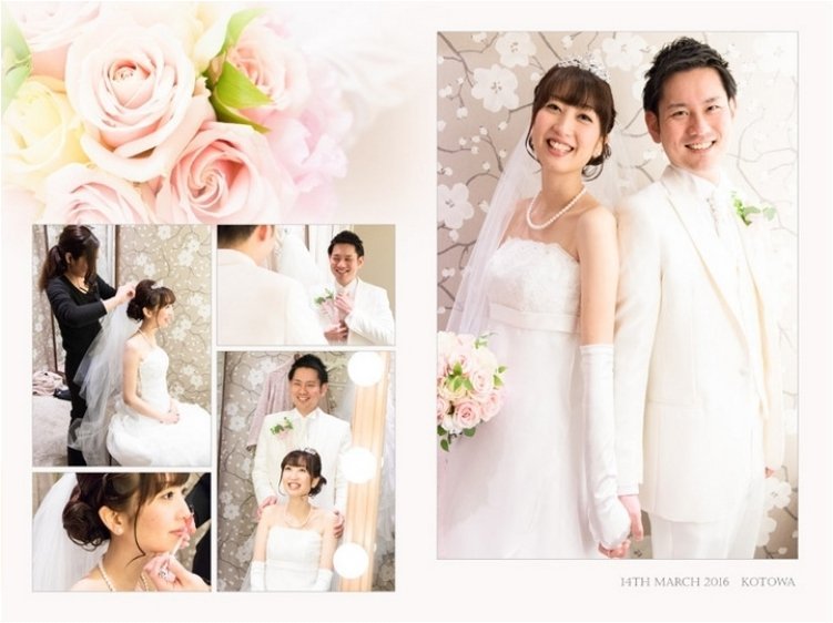 裏表紙にも使われたこの場面でのお写真は、純白の衣装で微笑むお二人をより引き立たせてくれます。2頁目：結婚式アルバム