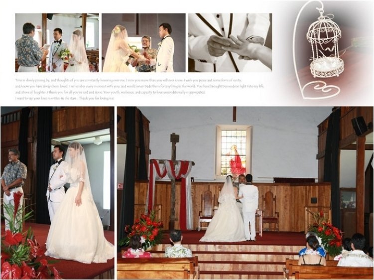 
挙式の舞台はハワイ島のモクアイカウア教会。3頁目：結婚式アルバム