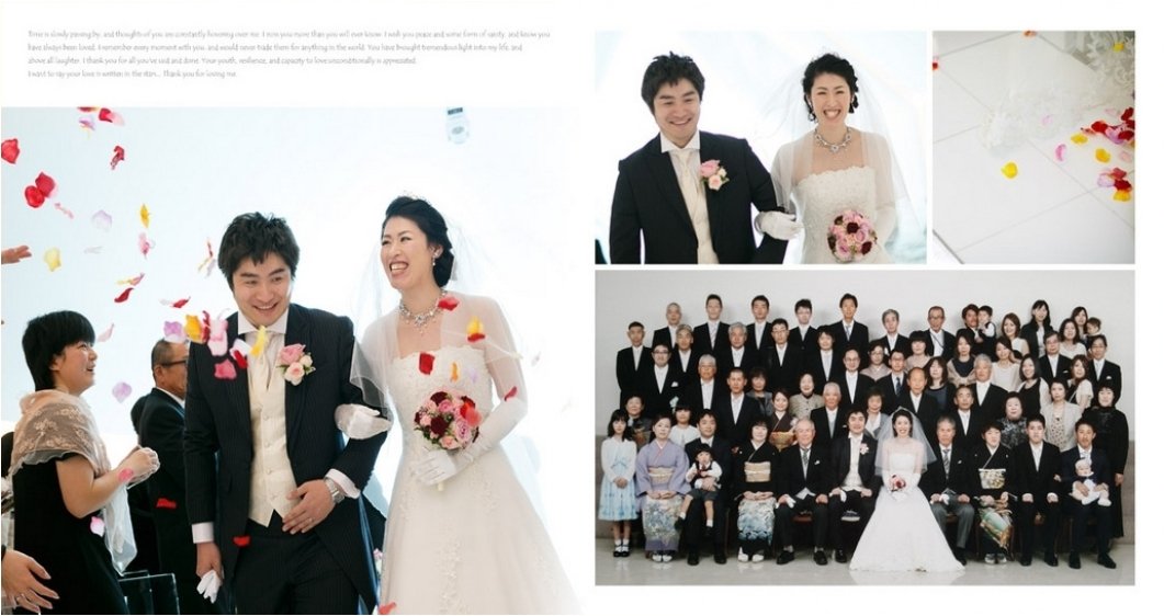 
和装の前撮りは和装にぴったりの様々な場所で撮影され、16ページにわたってまとめました。6頁目：結婚式アルバム