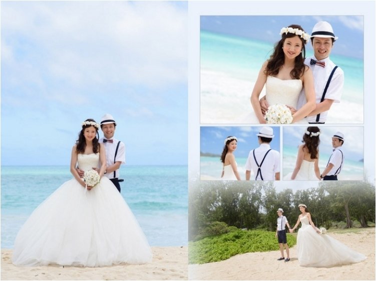 
続いて海の美しさで有名なワイマナロビーチでの撮影は、新郎のショートパンツスタイルと新婦のウェディングドレスが海の青と海の水色に映えて爽やかです。6頁目：結婚式アルバム