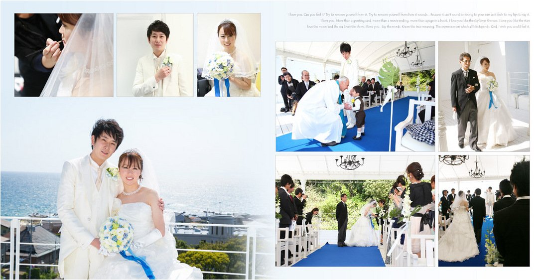 当日は天候に恵まれ、空と海のブルーが白のドレスに映えました。2頁目：結婚式アルバム