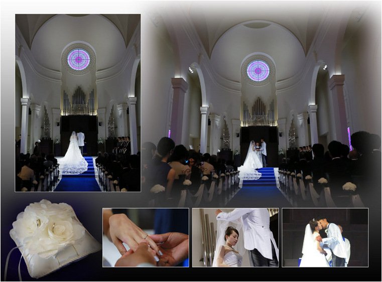 
バージンロードのブルーが映え、<em>ウエディングドレスのロングトレーンが際立つよう写真を大きめに配置</em>いたしました。3頁目：結婚式アルバム