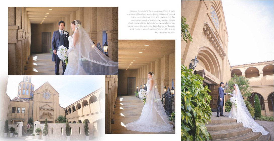 挙式前の撮影ではマリアベール、挙式時には縁取りが可愛いミドルベールに。3頁目：結婚式アルバム