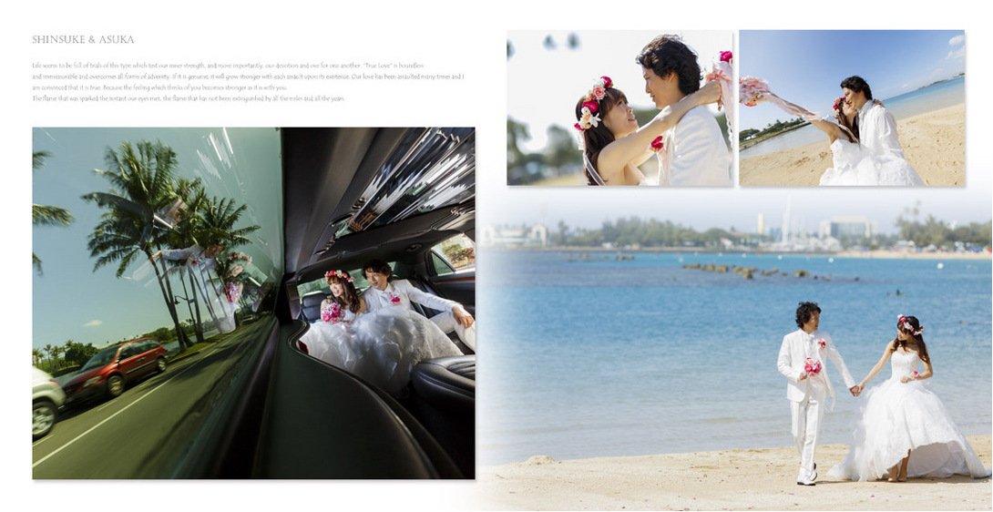 
挙式はハワイで人気のモアナ サーフライダーです。2頁目：結婚式アルバム