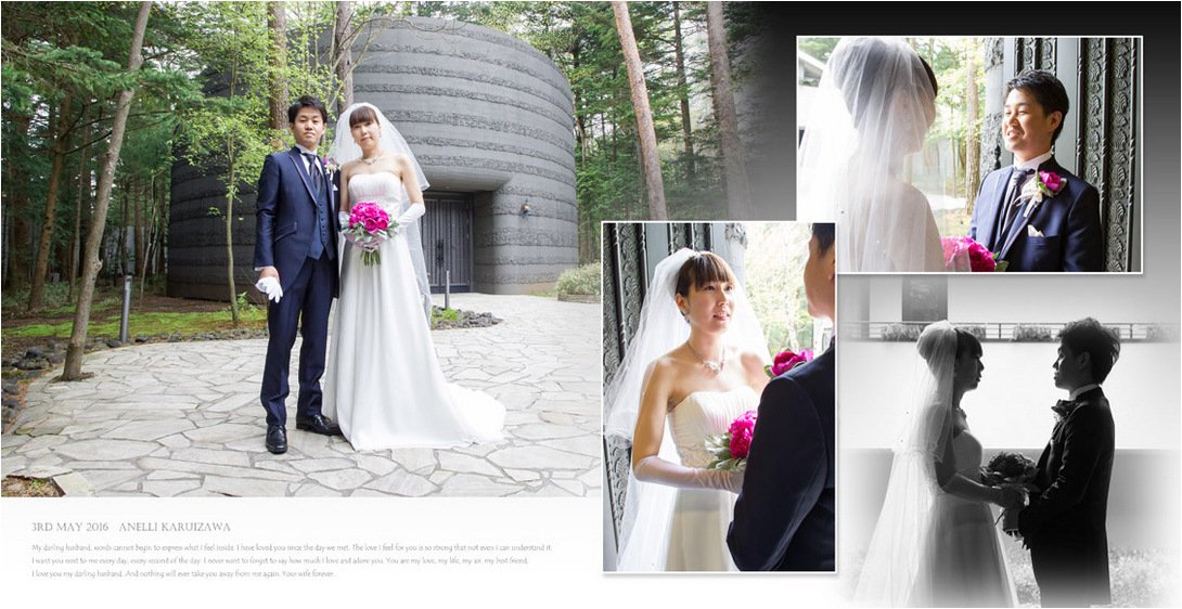 純白のウェデングドレスをピオニーピンクのブーケが引き立てます。3頁目：結婚式アルバム