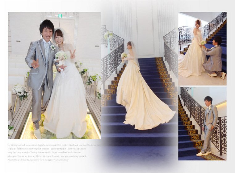 
大階段のロイヤルブルーの絨毯に広がる新婦のロングトレーンのドレスがとても美しいですね。7頁目：結婚式アルバム