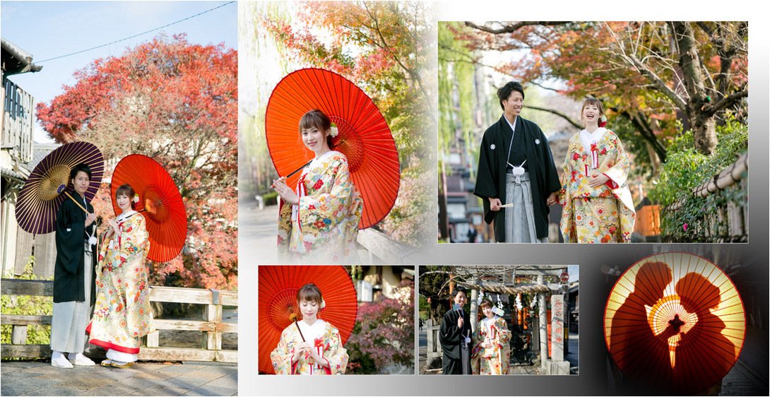 
和装の前撮りは京都、祇園にて。3頁目：結婚式アルバム