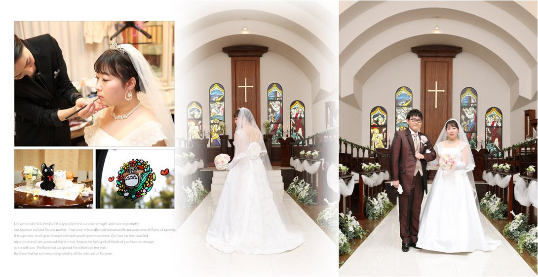 
前撮りは様々な背景で振り袖で撮影されました。3頁目：結婚式アルバム