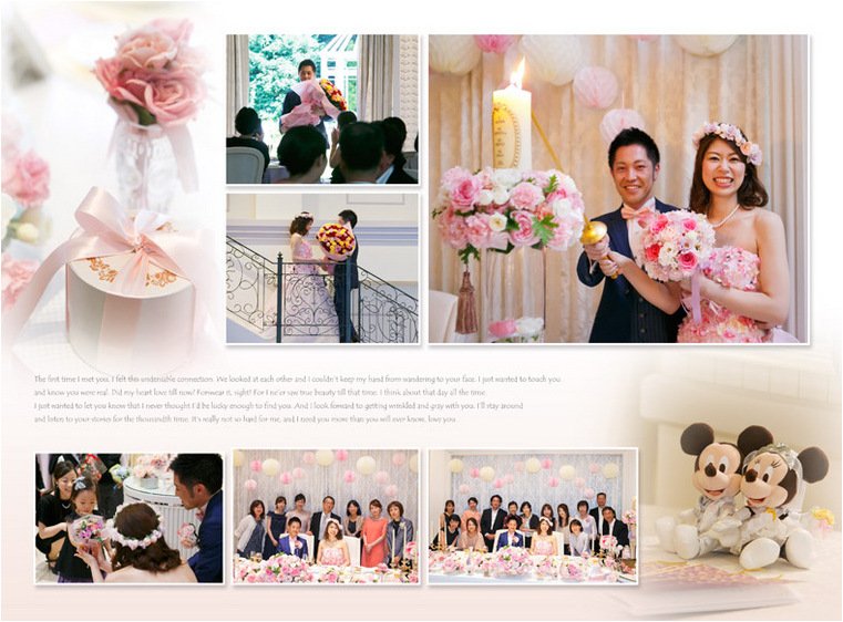 ピンク色のドレスが会場の装飾と相俟って更に可愛さが増しました。10頁目：結婚式アルバム