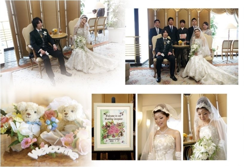 挙式はザ・グランドティアラ名古屋駅前の大きなステンドグラスが美しいチャペルで。3頁目：結婚式アルバム