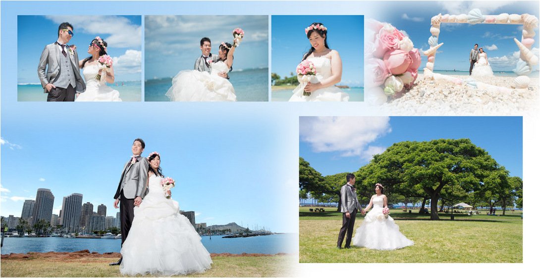 
祭壇に立つ新郎新婦おふたりの姿が背景の空と海とハワイの街並みに溶け込んだかのようなドラマチックな結婚式です。3頁目：結婚式アルバム