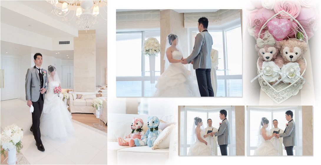 
自撮りの新婚旅行のページは写真を厳選して思い出をギュッと詰め込みました。5頁目：結婚式アルバム