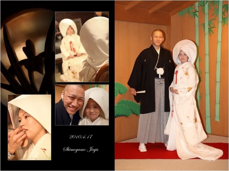 新婦は白無垢に自髪で結い上げた日本髪、新郎は紋付袴でキリリと決まっています。2頁目：結婚式アルバム