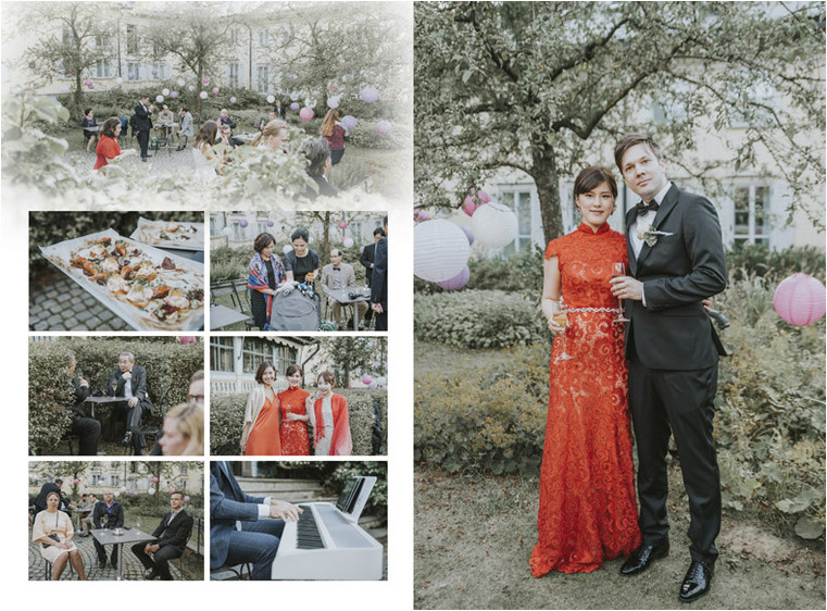 挙式後は教会の外でフラワーシャワーとゲストとの記念撮影。7頁目：結婚式アルバム