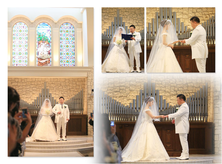 祭壇の前で向かい合うお二人、ゲストの前で永遠の愛を誓う姿は表紙にも採択されています。3頁目：結婚式アルバム