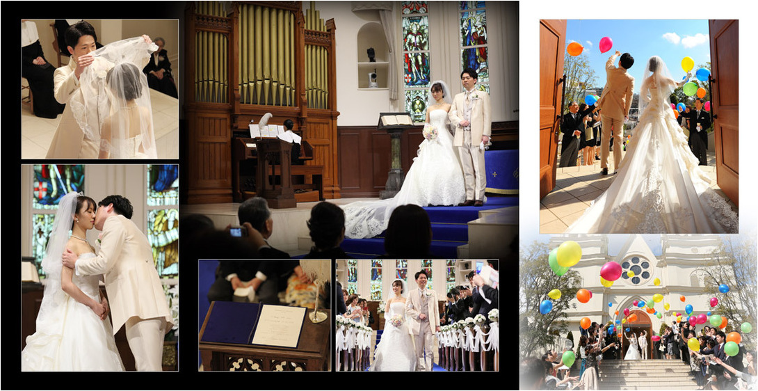 
挙式当日は、鮮やかな青に映えるロングトレーンのドレスを優雅に着こなされました。6頁目：結婚式アルバム